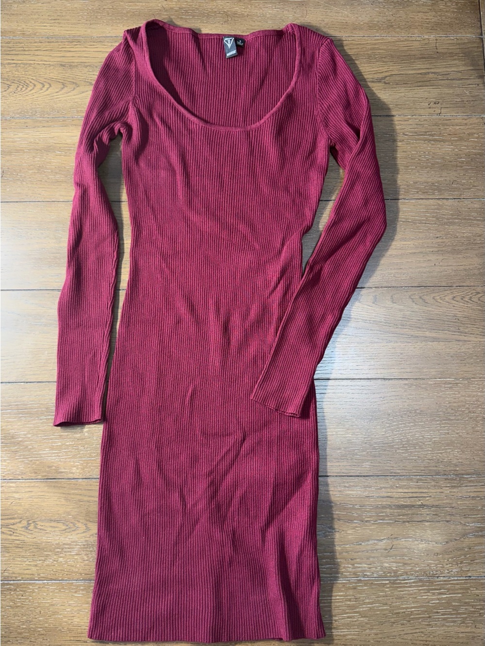 Windsor Ribbed Knit Mini Dress Womens S Burgundy Long Sleeve Bodycon Scoop Neck